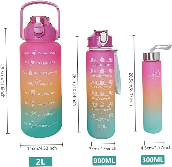 Motivational Water Bottle, 3-in-1 Set - 2L/1L/0.5L, Leakproof & BPA-Free with Time Marker for Outdoor Sports, School, Gym, Office (Multi-Color)