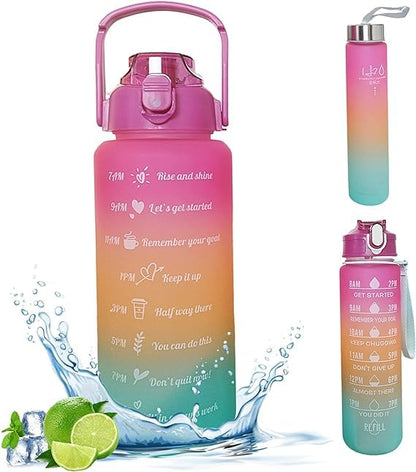 Motivational Water Bottle, 3-in-1 Set - 2L/1L/0.5L, Leakproof & BPA-Free with Time Marker for Outdoor Sports, School, Gym, Office (Multi-Color)