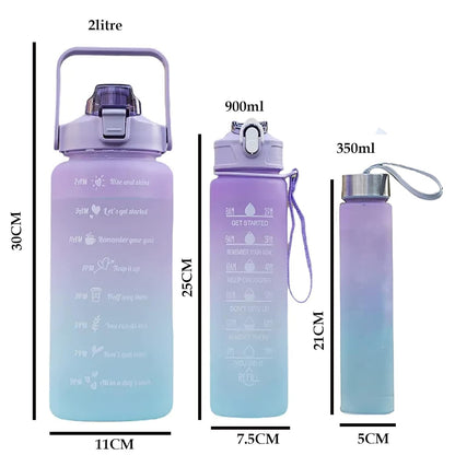 Motivational Water Bottle, 3-in-1 Set - 2L/1L/0.5L, Leakproof & BPA-Free with Time Marker for Outdoor Sports, School, Gym, Office (Multi-Color)