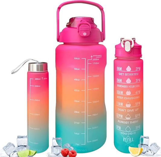 Motivational Water Bottle, 3-in-1 Set - 2L/1L/0.5L, Leakproof & BPA-Free with Time Marker for Outdoor Sports, School, Gym, Office (Multi-Color)