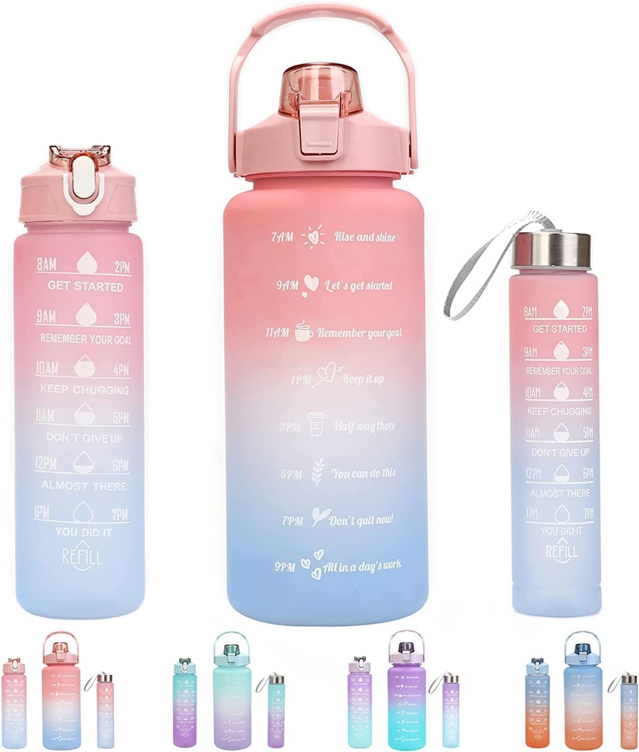 Motivational Water Bottle, 3-in-1 Set - 2L/1L/0.5L, Leakproof & BPA-Free with Time Marker for Outdoor Sports, School, Gym, Office (Multi-Color)