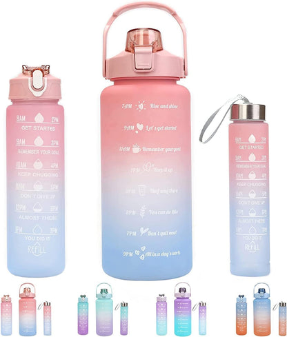 Motivational Water Bottle, 3-in-1 Set - 2L/1L/0.5L, Leakproof & BPA-Free with Time Marker for Outdoor Sports, School, Gym, Office (Multi-Color)