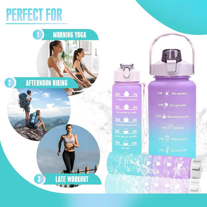 Motivational Water Bottle, 3-in-1 Set - 2L/1L/0.5L, Leakproof & BPA-Free with Time Marker for Outdoor Sports, School, Gym, Office (Multi-Color)