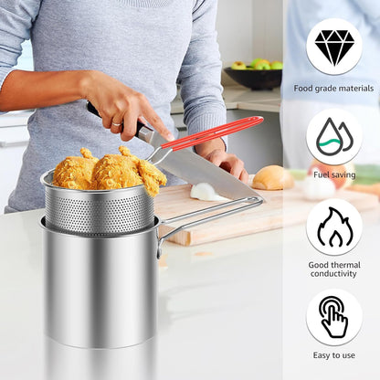 Multi Purpose Deep Frying Pot with Strainer Basket | 1200ml Stainless Steel Pan with Handle | Ideal for Frying French Fries/Chicken Wings/Papad/Fried Noodles/Boiling Butter.