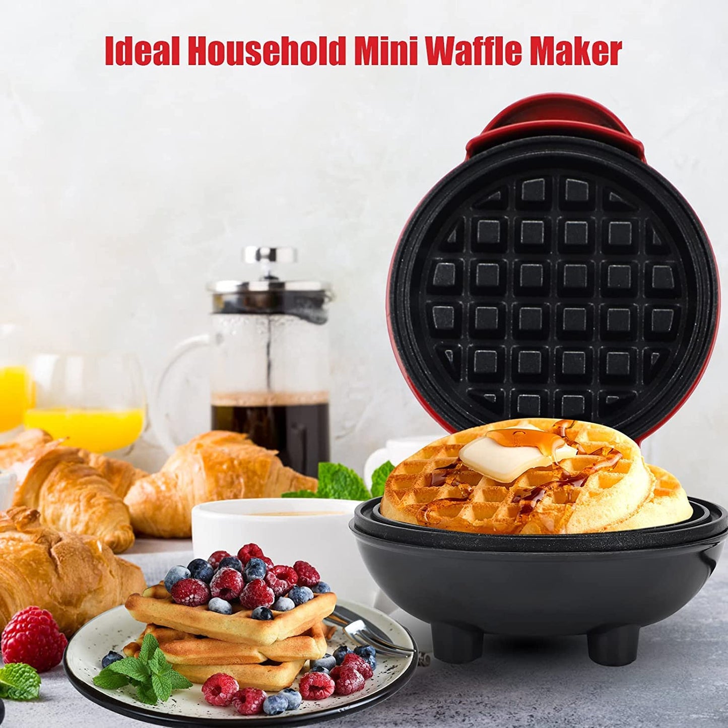 Shivvik 3 in 1 Mini Waffle Maker Machine | Electric Non-Stick Round Waffles Maker Iron Cast for Home, Kids, Belgian Waffles, Pan Cakes,Paninis and Other Snacks (Red,4 Inch- 350 Watts)