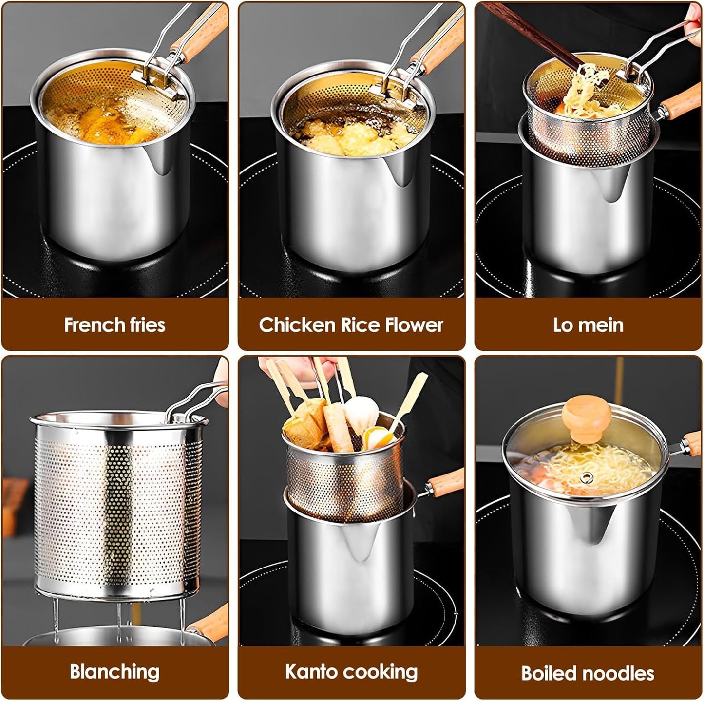 Multi Purpose Deep Frying Pot with Strainer Basket | 1200ml Stainless Steel Pan with Handle | Ideal for Frying French Fries/Chicken Wings/Papad/Fried Noodles/Boiling Butter.