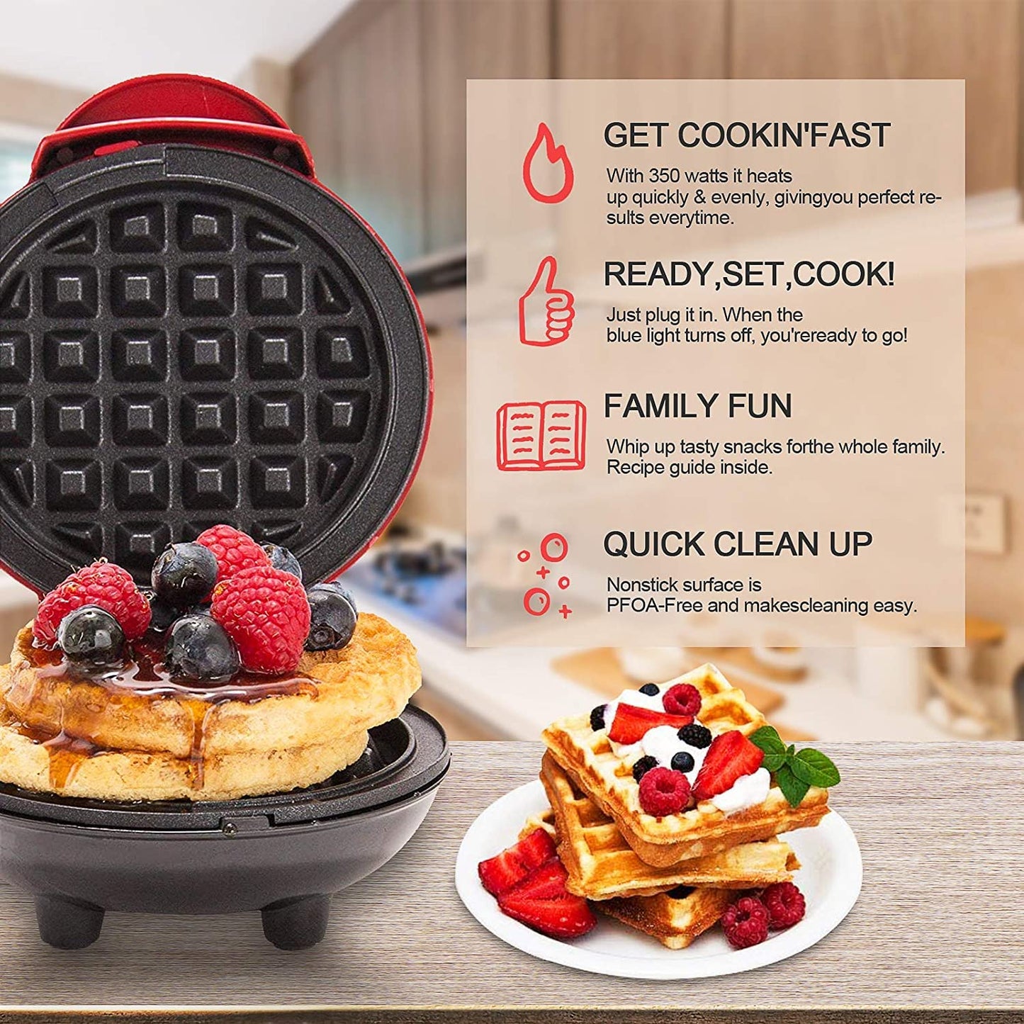 Shivvik 3 in 1 Mini Waffle Maker Machine | Electric Non-Stick Round Waffles Maker Iron Cast for Home, Kids, Belgian Waffles, Pan Cakes,Paninis and Other Snacks (Red,4 Inch- 350 Watts)