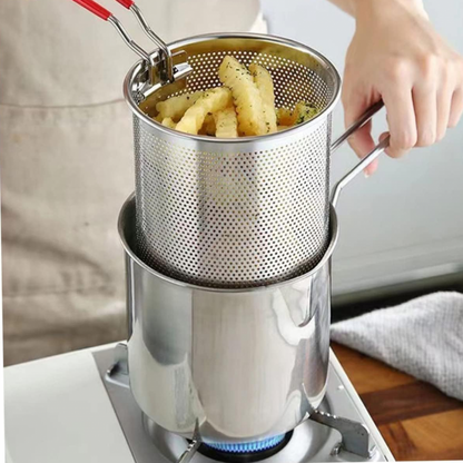 Multi Purpose Deep Frying Pot with Strainer Basket | 1200ml Stainless Steel Pan with Handle | Ideal for Frying French Fries/Chicken Wings/Papad/Fried Noodles/Boiling Butter.