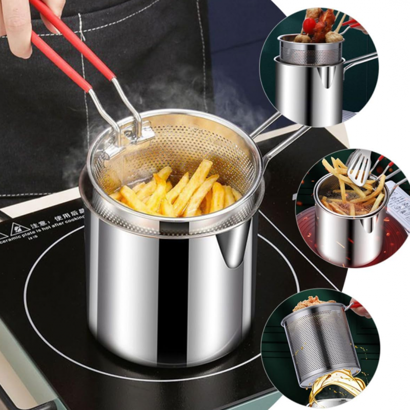 Multi Purpose Deep Frying Pot with Strainer Basket | 1200ml Stainless Steel Pan with Handle | Ideal for Frying French Fries/Chicken Wings/Papad/Fried Noodles/Boiling Butter.